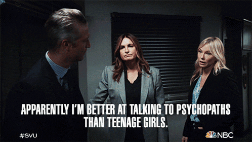 A gif image of 3 people and text says Apparently I am better at talking to psychopaths than teenage girls