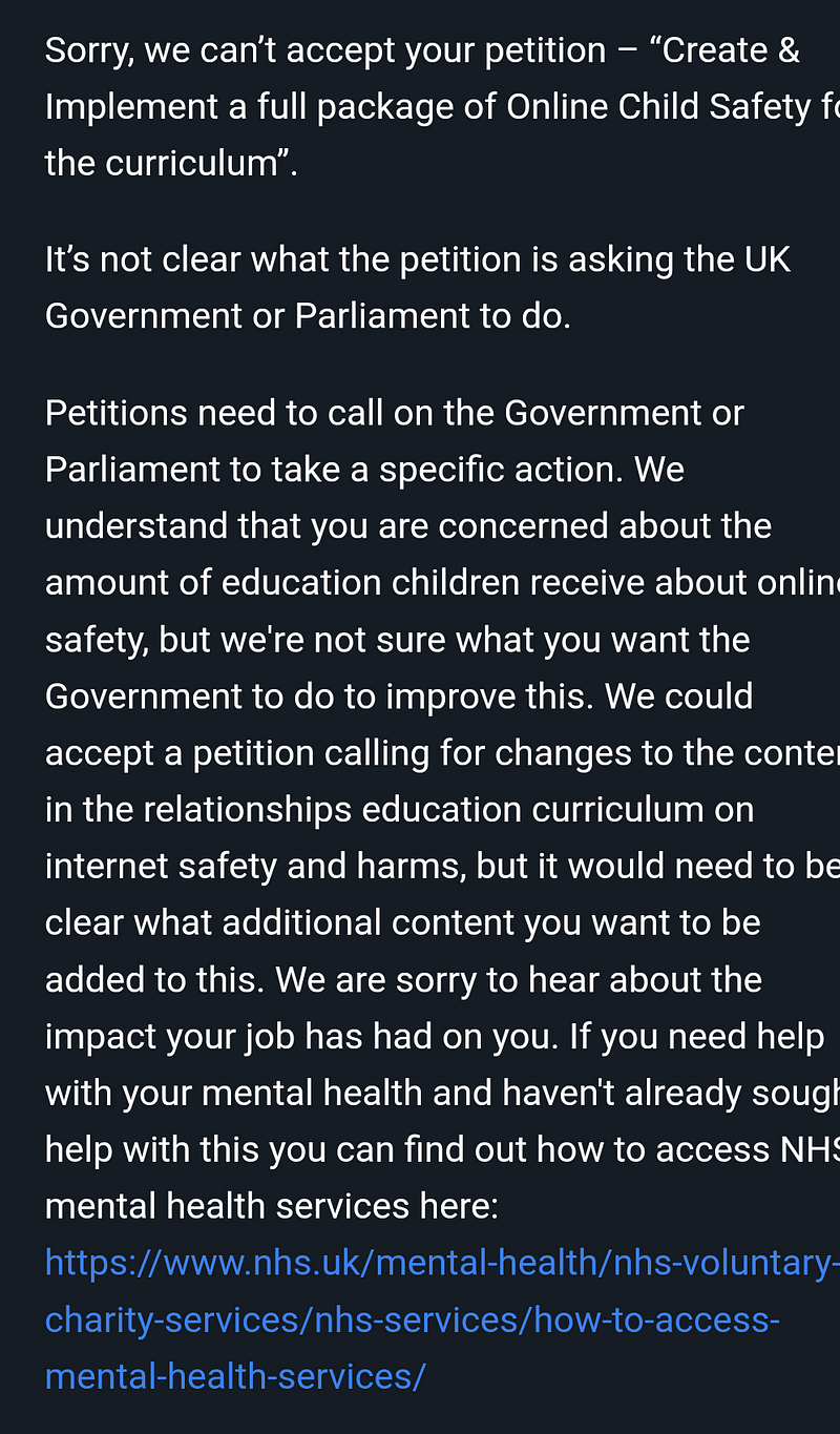 Update — Petition requesting online child safety be added to the cirriculum
