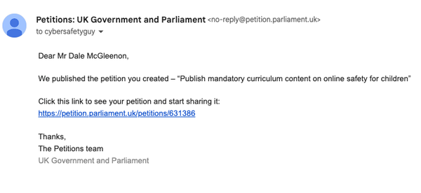 Please sign the petition! "Publish mandatory curriculum content on online safety for children."